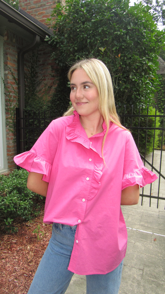 Liz Ruffled Button Down Short Sleeve Shirt